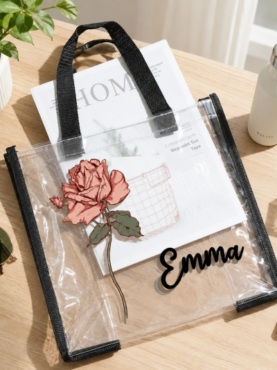 Borsa Tote Trasparente Impermeabile Personalizzata con Fiore di Nascita e Nome