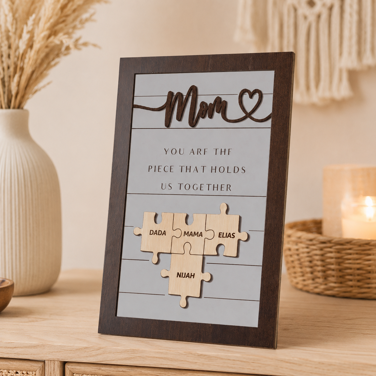 Cornice Puzzle Personalizzata con Nomi e Dedica Incisa – Regalo per la Mamma