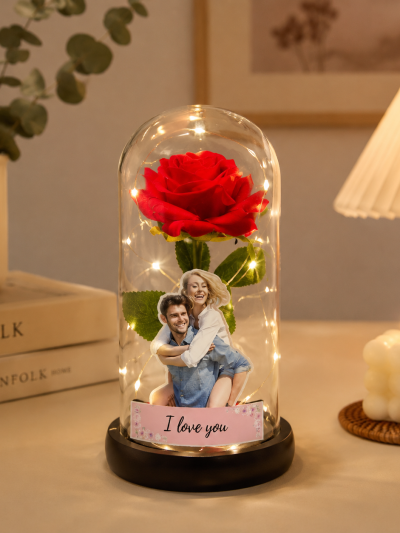 Rosa Eterna Personalizzata con Foto e Dedica – Lampada LED Romantica sotto Campana di Vetro