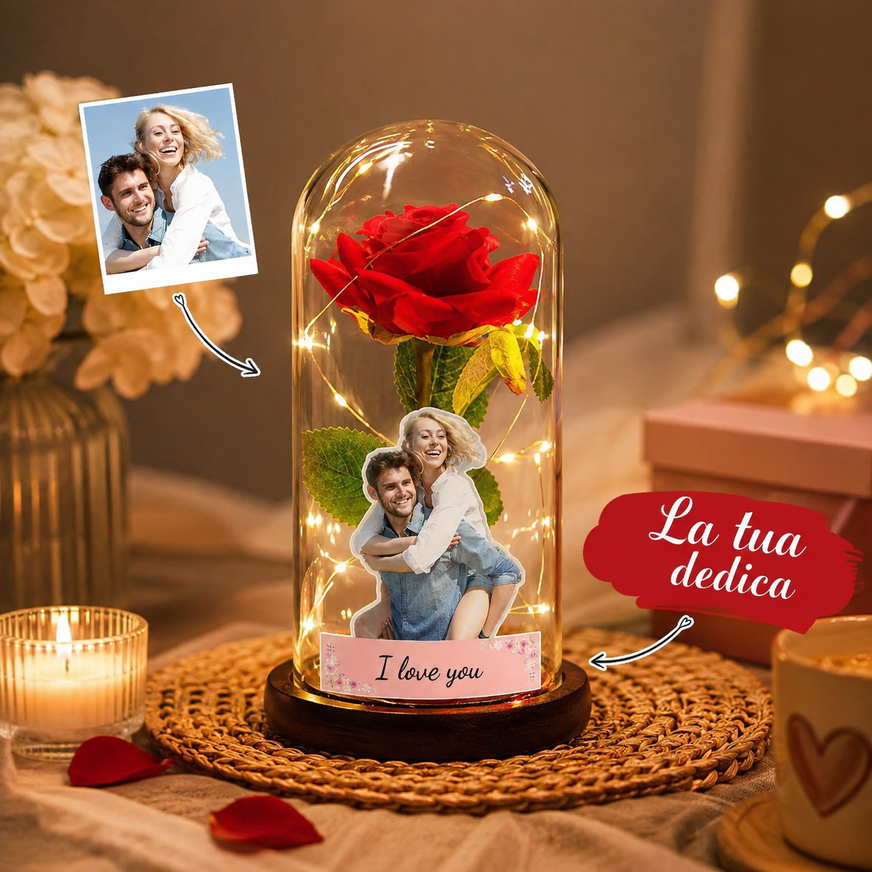 Rosa Eterna Personalizzata con Foto e Dedica – Lampada LED Romantica sotto Campana di Vetro - immagine 2