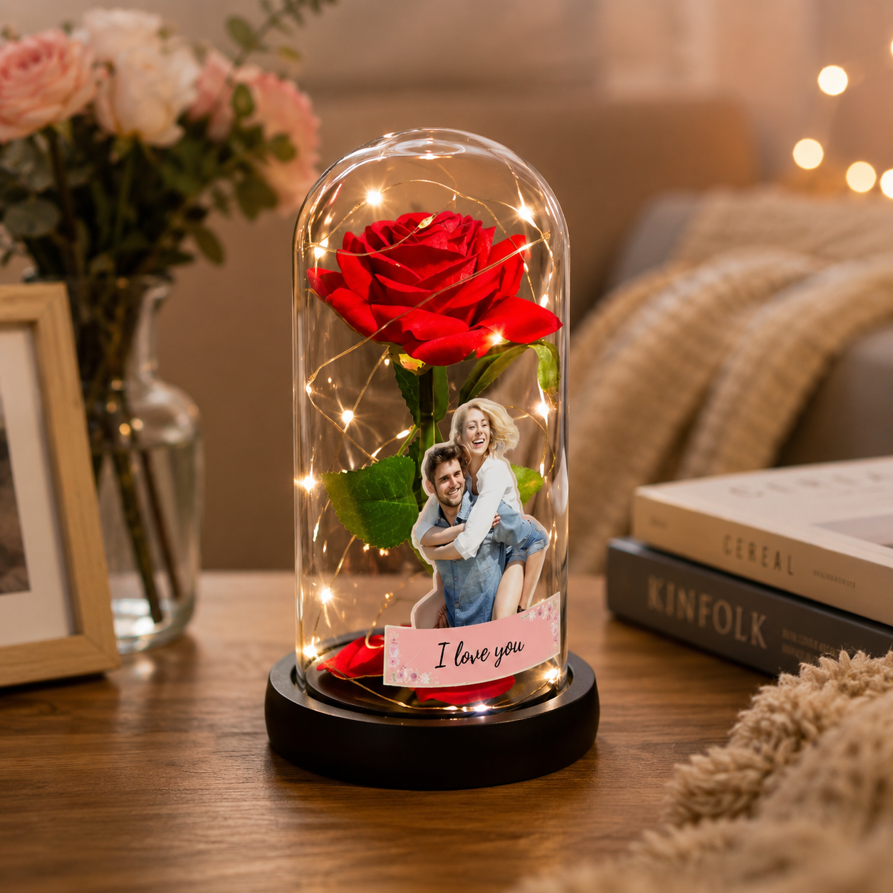 Rosa Eterna Personalizzata con Foto e Dedica – Lampada LED Romantica sotto Campana di Vetro - immagine 3