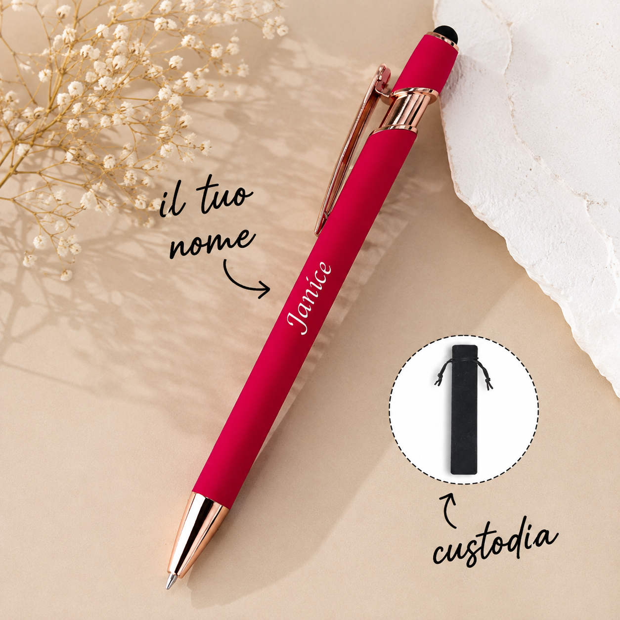 Penna a Sfera Rossa Multifunzione Personalizzata con Nome e Custodia