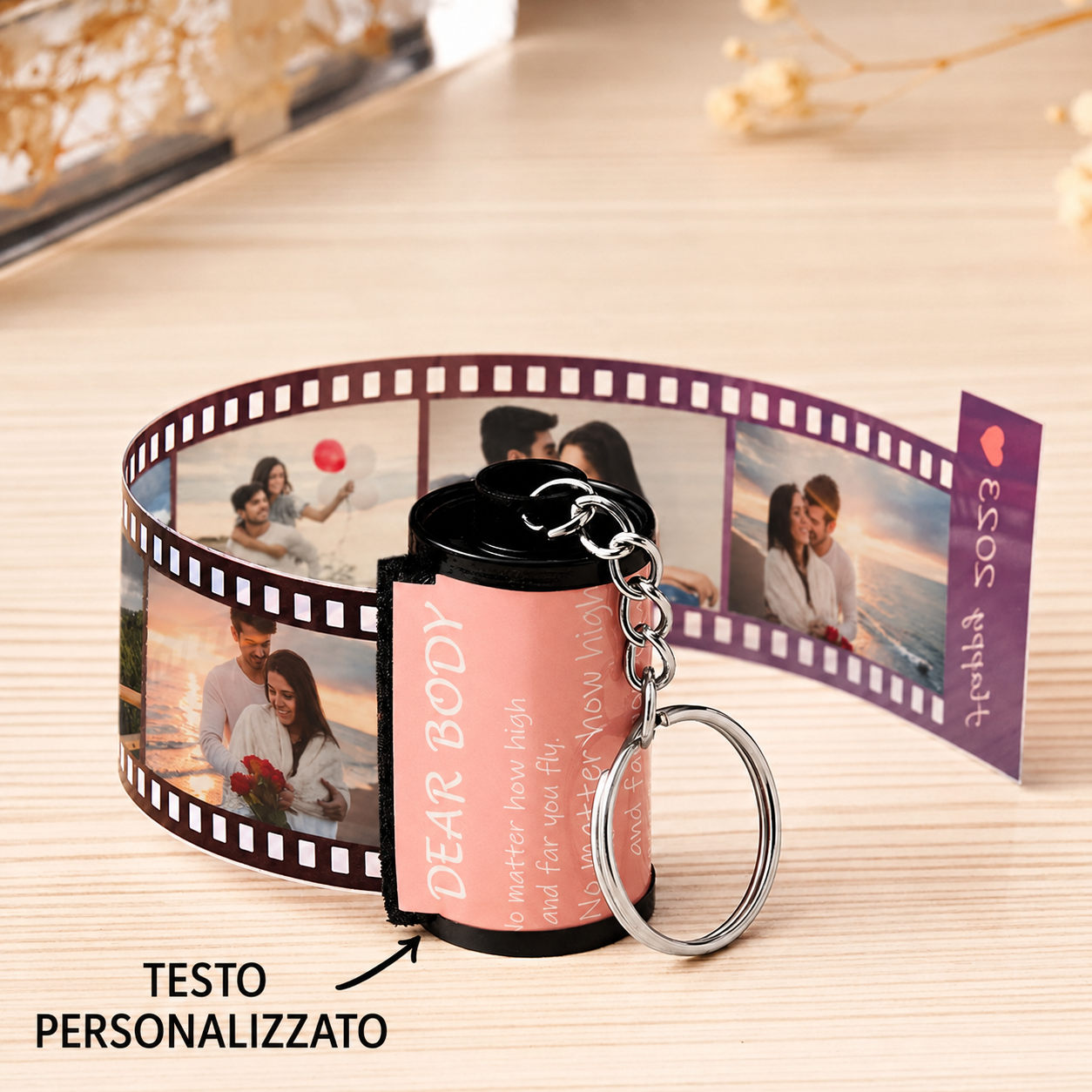 Portachiavi Macchina Fotografica Personalizzato con Testo e Rullino Fotografico - immagine 8