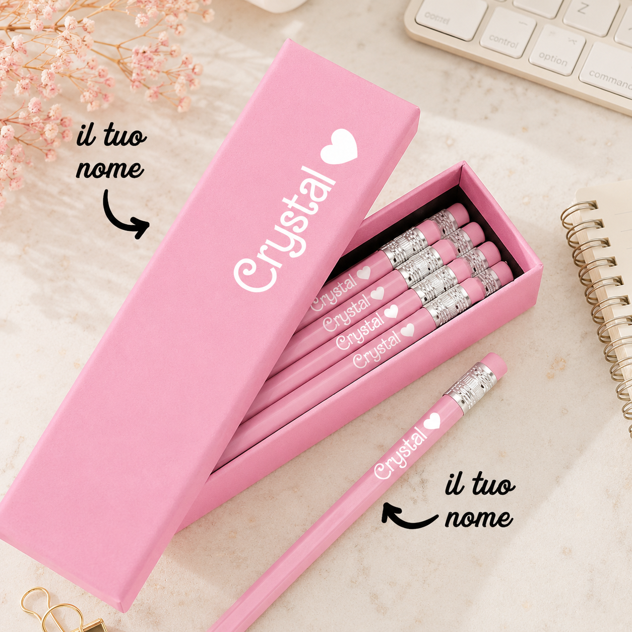 Set di 12 Matite HB Rosa Personalizzate con Nome e Gomma – Astuccio rosa