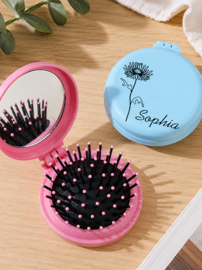 Specchietto Pieghevole Personalizzato con Nome, Fiore di Nascita e Spazzola per Capelli
