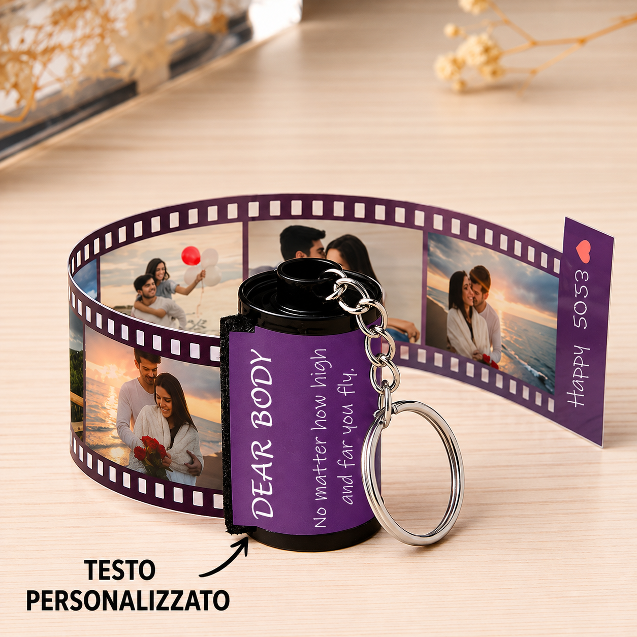 Portachiavi Macchina Fotografica Personalizzato con Testo e Rullino Fotografico - immagine 12